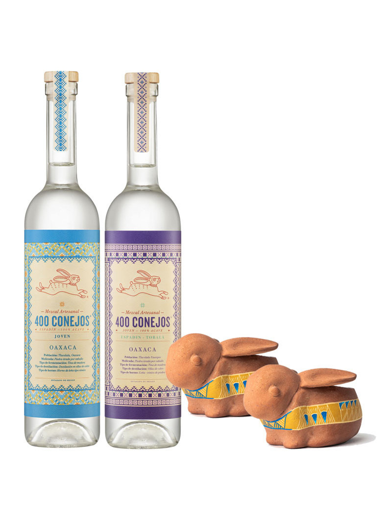 MEZCAL JOVEN 100% 400 CONEJOS .750+MEZCAL JOVEN 100% 400 CONEJOS ESPADIN TOBALA .750+CONEJOS MEZCALEROS CAJA/2 PIEZAS